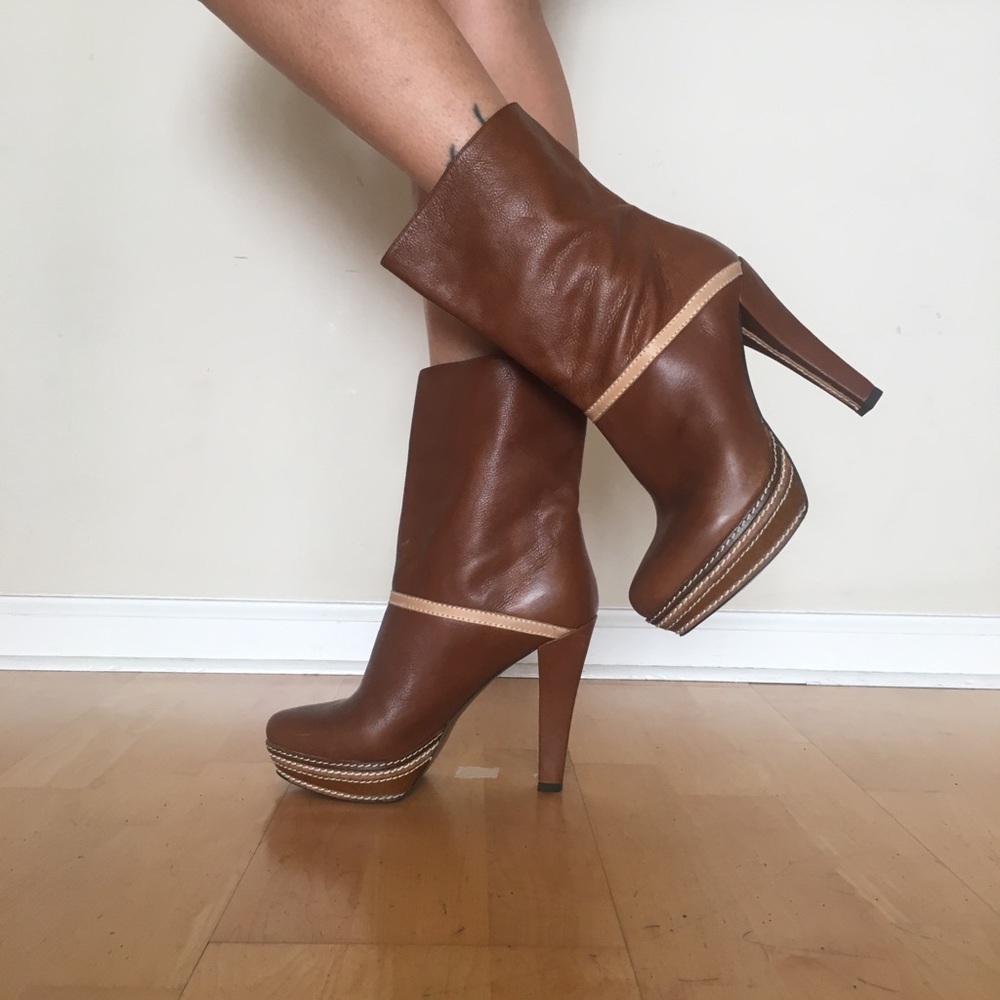Cognac Genuine leather mid-shaft booties #8 1/2